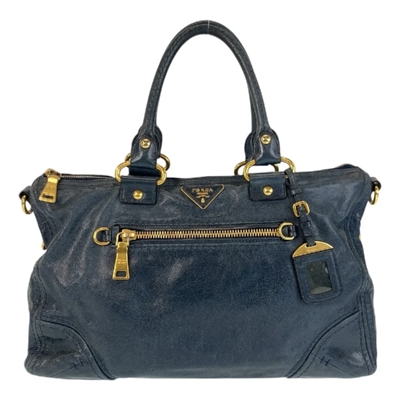 Prada Blue Leather Triangle Logo Tote Bag