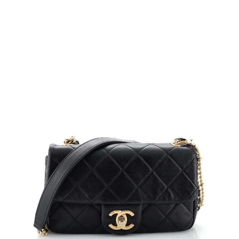 Crystal Pearls Chain Flap Bag Quilted Calfskin Small