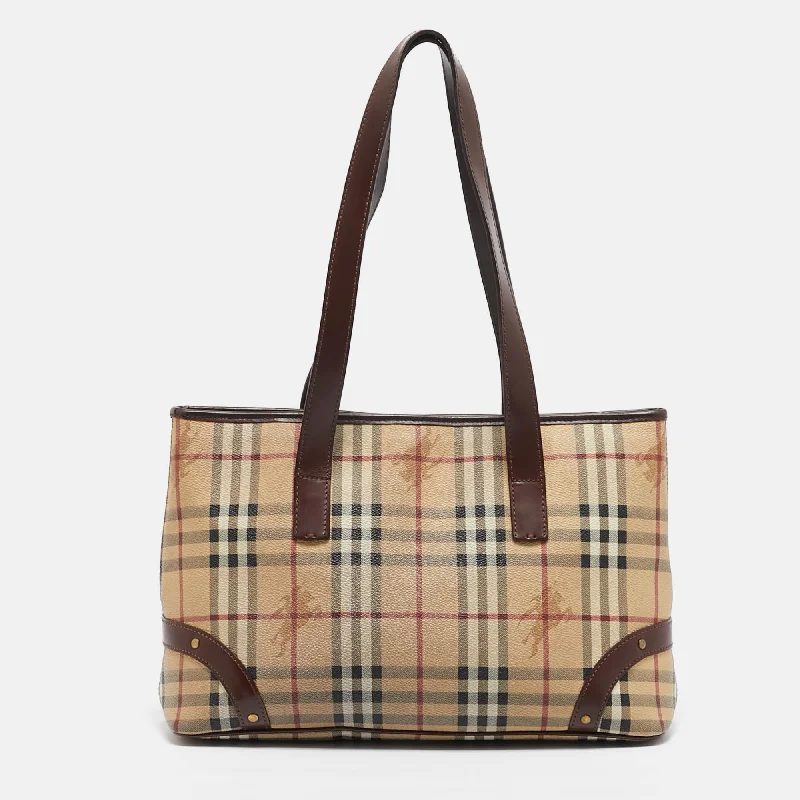 Burberry Dark Brown/beige Haymarket Check Coated Canvas Tote