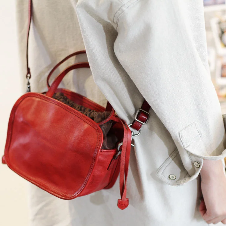 Womens Genuine Leather Crossbody Drawstring Bucket Bag Handbags For Women