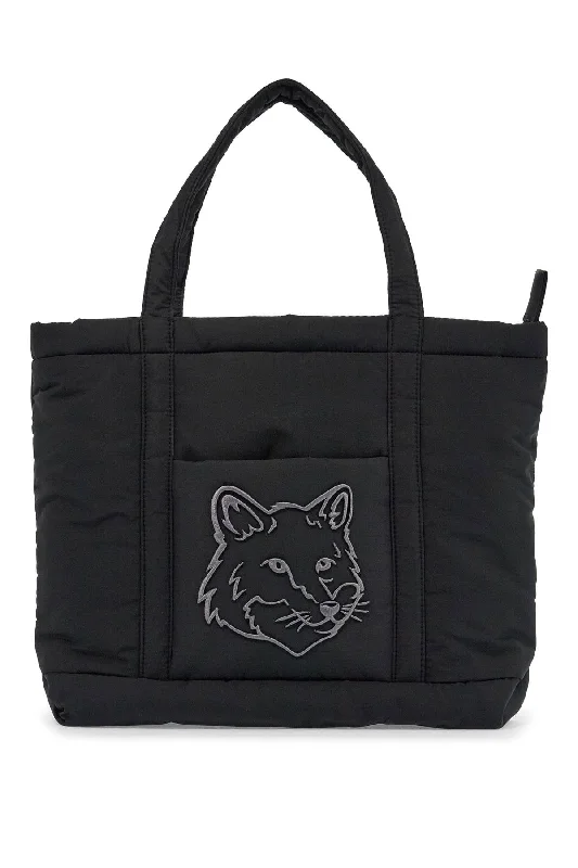 Maison Kitsune Borsa Tote In Poliammide Nera Media Con Ricamo Volpe