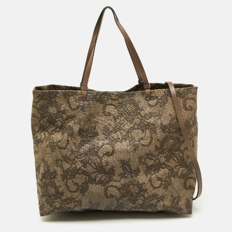 Valentino Beige Lace Print Coated Canvas Shopper Tote