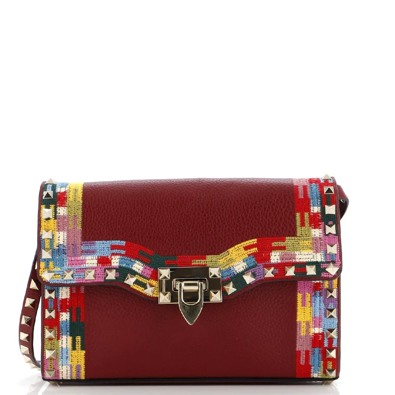 Rockstud Flip Lock Flap Bag Embroidered Leather Small