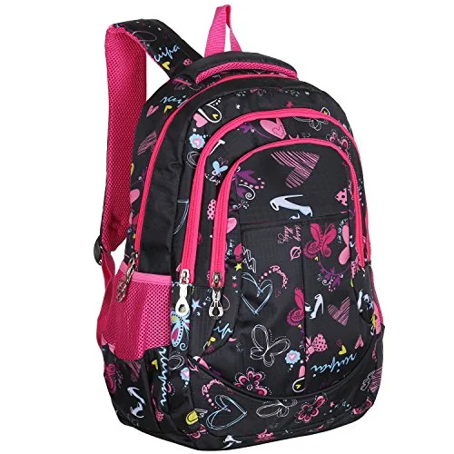 Mggear 19-Inch Girls' School Book Backpack W/ Hearts & Butterflies Print, Black