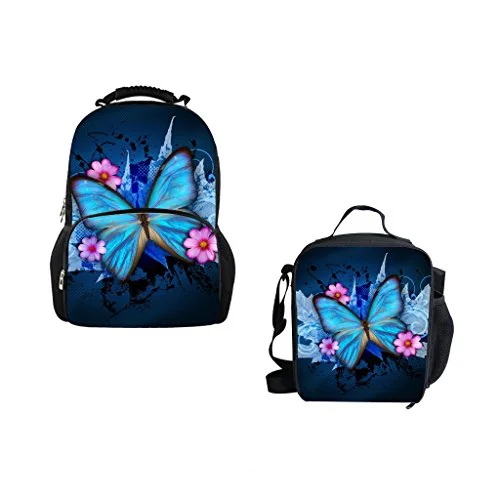 Bigcardesigns 3D Blue Butterfly School Bag Backpack And Lunch Bag Set