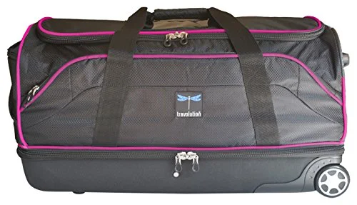 Travolution 28” Wheeled Drop-Bottom Duffel With Garment Rack With Pink Trim, Black With Pink Trim