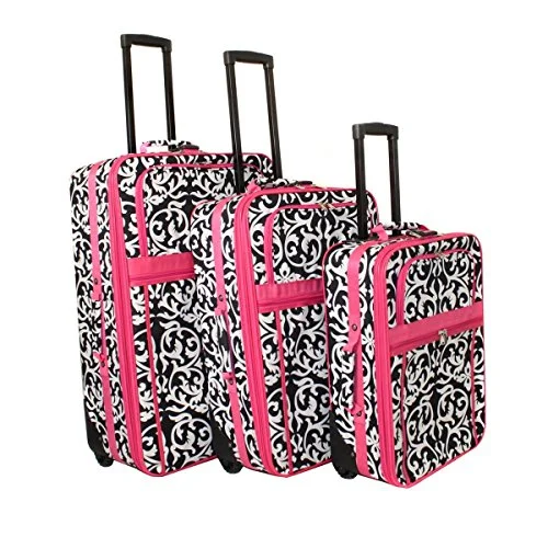 World Traveler Damask 3-Piece Expandable Upright Luggage Set, Pink Trim Damask