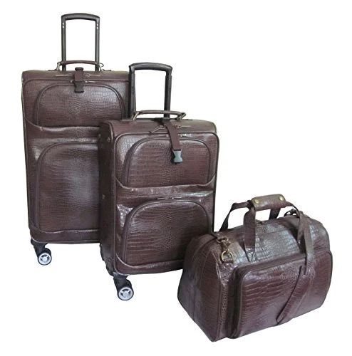 Amerileather Leather Croco-Print Three Piece Set Traveler on Spinner Wheels (#8603-4) (Dark Brown)