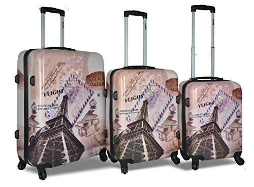 Dejuno 3-Piece Printed Lightweight Hardside Spinner Upright Hard Case Luggage Set - Paris Stamp